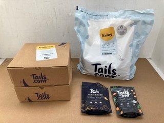 BOX OF ASSORTED TAILS.COM PET FOOD ITEMS TO INCLUDE PACK OF BAILEY DOG BISCUITS - BBE 18/2/25: LOCATION - E4