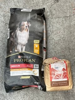 PACK OF CLYDACH 5KG VENISON ADULT DOG BISCUITS - BBE UNKNOWN TO ALSO INCLUDE PACK OF PURINA PROPLAN 14KG MEDIUM ADULT DOG BISCUITS - BBE 1/26: LOCATION - E6