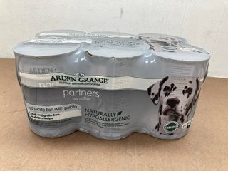 2 X BOXES OF HARRINGTON THE NATURAL CHOICE ADULT MIXED GRAIN FREE BUMPER PACK DOG FOOD TINS - BBE 7/26 TO ALSO INCLUDE 2 X PACKS OF ARDEN GRANGE PARTNERS SENSITIVE NATURALLY HYPOALLERGENIC DOG FOOD T