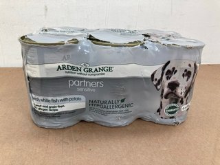 6 X PACKS OF ASSORTED PET FOOD TO INCLUDE 2 X PACKS OF ARDEN GRANGE PARTNERS SENSITIVE NATURALLY HYPOALLERGENIC DOG FOOD TINS - BBE 16/10/26: LOCATION - E10