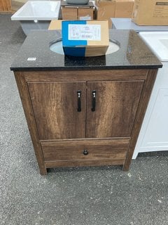 (COLLECTION ONLY) FLOOR STANDING 1 DOOR SINK UNIT IN DARK OAK WITH A PRE DRILLED 650 X 500MM 1TH BLACK GRANITE TOP WITH CERAMIC UNDERMOUNT BASIN COMPLETE WITH A MONO BASIN MIXER TAP IN CHROME WITH PO