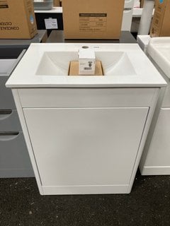 (COLLECTION ONLY) FLOOR STANDING 1 DOOR SINK UNIT IN WHITE WITH A 610 X 470MM 1TH CERAMIC BASIN WITH A LEVER ACTION MONO BASIN MIXER TAP AND CHROME SPRUNG WASTE RRP £740: LOCATION - A5