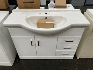 (COLLECTION ONLY) FLOOR STANDING 2 DOOR 3 DRAWER SEMI RECESSED SINK UNIT IN WHITE WITH A 1050 X 510MM 1TH CERAMIC BASIN COMPLETE WITH A MONO BASIN MIXER AND CHROME SPRUNG WASTE RRP £985: LOCATION - A