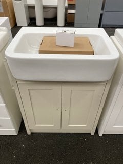 (COLLECTION ONLY) FLOOR STANDING 2 DOOR SEMI RECESSED SINK UNIT IN IVORY 610 X 420MM COMPLETE WITH A BLACK MONO BASIN MIXER TAP AND SPRUNG WASTE RRP £730: LOCATION - A5