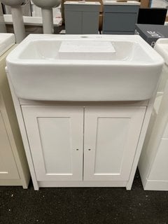 (COLLECTION ONLY) FLOOR STANDING 2 DOOR SEMI RECESSED SINK UNIT IN WHITE 610 X 420MM COMPLETE WITH A TRADITIONAL CROSSHEAD MONO BASIN MIXER TAP AND SPRUNG WASTE RRP £745: LOCATION - A5