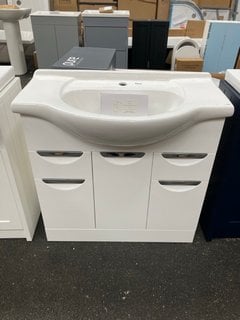 (COLLECTION ONLY) FLOOR STANDING 3 DOOR 2 DRAWER SEMI RECESSED SINK UNIT IN WHITE WITH A 850 X 480MM 1TH CERAMIC COMPLETE WITH A MONO BASIN MIXER TAP AND CHROME SPRUNG WASTE RRP £805: LOCATION - A6