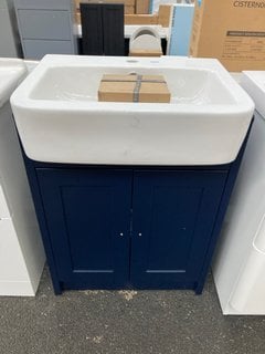 (COLLECTION ONLY) FLOOR STANDING 2 DOOR SEMI RECESSED SINK UNIT IN INDIGO 610 X 420MM COMPLETE WITH A TRADITIONAL CROSSHEAD MONO BASIN MIXER TAP AND SPRUNG WASTE RRP £745: LOCATION - A6