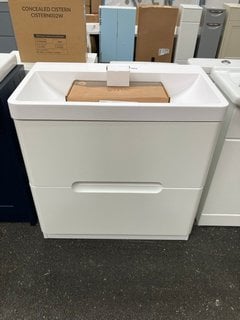 (COLLECTION ONLY) FLOOR STANDING 2 DRAWER SINK UNIT IN WHITE WITH A 790 X 460MM 1TH POLY MARBLE COMPLETE WITH A MONO BASIN MIXER TAP IN CHROME WITH POP UP WASTE RRP £820: LOCATION - A6