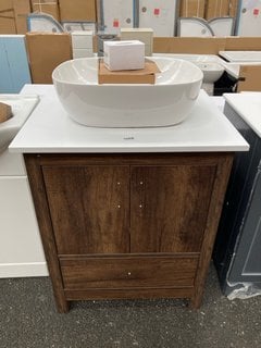 (COLLECTION ONLY) FLOOR STANDING 2 DOOR 1 DRAWER COUNTERTOP SINK UNIT IN DARK OAK AND WHITE 650 X 510MM WITH A CERAMIC VESSEL BASIN COMPLETE WITH A WALL MOUNTED BASIN MIXER IN CHROME WITH SPRUNG WAST