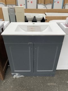 (COLLECTION ONLY) FLOOR STANDING 2 DOOR SINK UNIT IN GREY WITH A 770 X 470MM 1TH CERAMIC BASIN COMPLETE WITH A TRADITIONAL CROSSHEAD MONO BASIN MIXER TAP AND CHROME SPRUNG WASTE RRP £765: LOCATION -