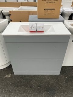 (COLLECTION ONLY) FLOOR STANDING 2 DRAWER SINK UNIT IN LIGHT GREY WITH A 810 X 400MM 1TH CERAMIC BASIN COMPLETE WITH A MONO BASIN MIXER TAP AND CHROME SPRUNG WASTE RRP £830: LOCATION - A6