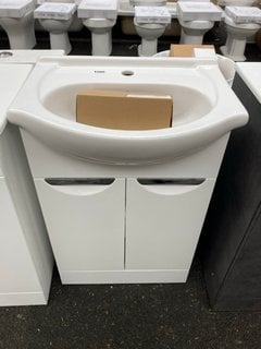 (COLLECTION ONLY) FLOOR STANDING 2 DOOR SEMI RECESSED SINK UNIT IN WHITE WITH A 560 X 450MM 1TH CERAMIC BASIN COMPLETE WITH A MONO BASIN MIXER TAP IN CHROME AND SPRUNG WASTE RRP £755: LOCATION - A7