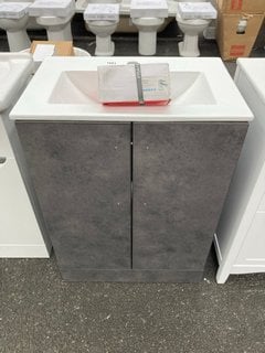 (COLLECTION ONLY) FLOOR STANDING 2 DOOR SINK UNIT IN GREY STONE WITH A 610 X 400MM 1TH CERAMIC BASIN COMPLETE WITH A MONO BASIN MIXER TAP AND CHROME SPRUNG WASTE RRP £725: LOCATION - A7