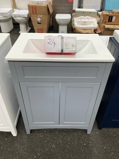 (COLLECTION ONLY) FLOOR STANDING 2 DOOR SINK UNIT IN LIGHT GREY WITH A 610 X 400MM 1TH CERAMIC BASIN COMPETE WITH A MONO BASIN MIXER TAP AND CHROME SPRUNG WASTE RRP £730: LOCATION - A7