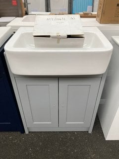 (COLLECTION ONLY) FLOOR STANDING 2 DOOR SEMI RECESSED SINK UNIT IN LIGHT GREY 610 X 420MM COMPLETE WITH A MONO BASIN MIXER TAP IN CHROME WITH POP UP WASTE RRP £745: LOCATION - A7