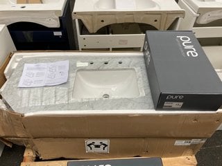 (COLLECTION ONLY) 1200 X 470MM 3TH ANGLED GREY MARBLE TOP WITH CERAMIC UNDERMOUNT BASIN COMPLETE WITH DECK MOUNTED 3TH BASIN MIXER IN CHROME WITH SPRUNG WASTE RRP £960: LOCATION - A6