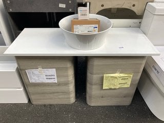 (COLLECTION ONLY) 2X VITRA WALL HUNG 1 DOOR BASE UNITS IN GREY OAK WITH A 1000 X 400MM WHITE COUNTERTOP WITH A ROUND CERAMIC VESSEL BASIN COMPLETE WITH A WALL MOUNTED BASIN MIXER IN CHROME WITH SPRUN