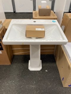 (COLLECTION ONLY) VITRA 640MM 1TH CERAMIC BASIN WITH FULL PEDESTAL COMPLETE WITH A MONO BASIN MIXER TAP AND CHROME SPRUNG WASTE RRP £420: LOCATION - A3