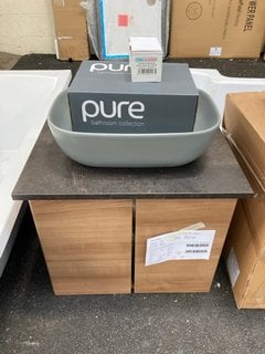 (COLLECTION ONLY) VITRA WALL HUNG 2 DOOR COUNTER TOP SINK UNIT IN OAK EFFECT AND MOCHA 600 X 460MM WITH A GREY CERAMIC VESSEL BASIN COMPLETE WITH WALL MOUNTED BASIN MIXER IN CHROME WITH SPRUNG WASTE