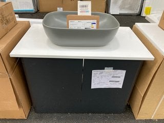 (COLLECTION ONLY) VITRA WALL HUNG 2 DOOR COUNTER TOP SINK UNIT IN ANTHRACITE AND WHITE 800 X 460MM WITH A GREY CERAMIC VESSEL BASIN COMPLETE WITH WALL MOUNTED BASIN MIXER IN CHROME WITH SPRUNG WASTE