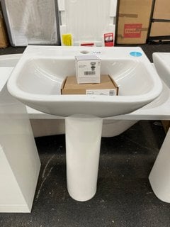 (COLLECTION ONLY) 500MM WIDE 1TH CERAMIC BASIN WITH FULL PEDESTAL COMPLETE WITH A LEVER ACTION MONO BASIN MIXER TAP AND CHROME SPRUNG WASTE RRP £310: LOCATION - A5