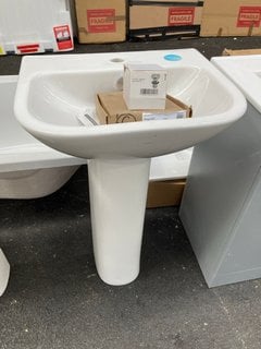 (COLLECTION ONLY) 500MM WIDE 1TH CERAMIC BASIN WITH FULL PEDESTAL COMPLETE WITH A LEVER ACTION MONO BASIN MIXER TAP AND CHROME SPRUNG WASTE RRP £310: LOCATION - A5