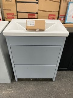 (COLLECTION ONLY) FLOOR STANDING 2 DRAWER SINK UNIT IN LIGHT GREY WITH A 620 X 400MM 1TH CERAMIC BASIN COMPLETE WITH A MONO BASIN MIXER TAP AND CHROME SPRUNG WASTE RRP £745: LOCATION - A5