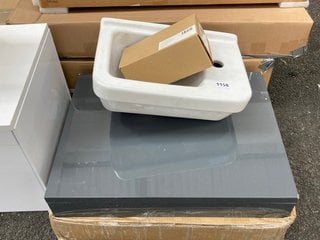 (COLLECTION ONLY) 600 X 460MM FLOATING SHELF IN GLOSS GREY COMPLETE WITH A SIDE TH CERAMIC BASIN COMPLETE WITH A MONO BASIN MIXER TAP AND CHROME SPRUNG WASTE RRP £450: LOCATION - A7