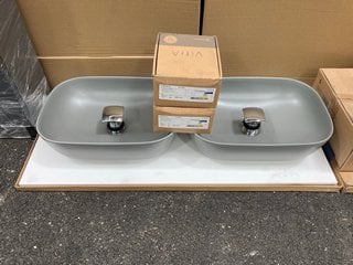 (COLLECTION ONLY) ROPER RHODES WORKTOP 1005 X 430MM IN WHITE WITH 2X MATT GREY VESSEL BASINS WITH A 2X WALL MOUNTED BASIN MIXERS IN CHROME WITH SPRUNG WASTE RRP £780: LOCATION - A2