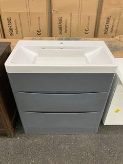 (COLLECTION ONLY) FLOOR STANDING 2 DRAWER SINK UNIT IN LIGHT GLOSS GREY WITH A 800 X 450MM 1TH POLYMARBLE BASIN COMPLETE WITH A MONO BASIN MIXER TAP AND CHROME SPRUNG WASTE RRP £820: LOCATION - A4