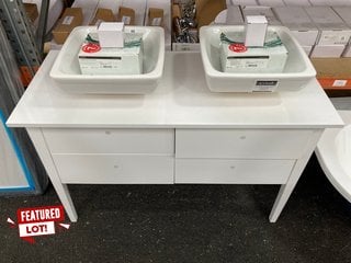 (COLLECTION ONLY) FLOOR STANDING 2 LEGGED BTW 4 DRAW COUNTER TOP TWIN SINK UNIT IN WHITE 1220 X 530MM WITH 2X CERAMIC VESSEL BASIN AND 2X WALL MOUNTED BASIN MIXERS IN CHROME WITH SPRUNG WASTE RRP £10