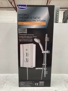 HYDRO THERMOSTATIC 8.5KW SLIMLINE ELECTRIC SHOWER IN WHITE AND CHROME RRP £360: LOCATION - R2