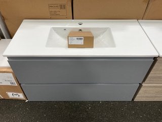 (COLLECTION ONLY) WALL HUNG 2 DRAWER SINK UNIT IN LIGHT GREY WITH A 1020 X 470MM 1TH CERAMIC BASIN WITH A MONO BASIN MIXER TAP AND CHROME SPRUNG WASTE RRP £1020: LOCATION - A2