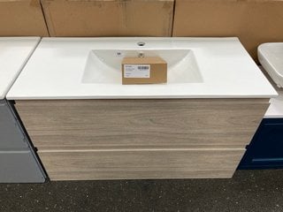 (COLLECTION ONLY) WALL HUNG 2 DRAWER SINK UNIT IN GREY OAK WITH A 1020 X 470MM 1TH CERAMIC BASIN WITH A MONO BASIN MIXER TAP AND CHROME SPRUNG WASTE RRP £1020: LOCATION - A2