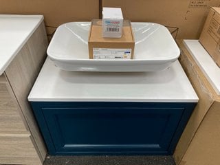 (COLLECTION ONLY) WALL HUNG 1 DRAWER COUNTER TOP SINK UNIT IN DERWENT BLUE AND WHITE 670 X 400MM WITH A CERAMIC VESSEL BASIN COMPLETE WITH A WALL MOUNTED BASIN MIXER IN CHROME WITH SPRUNG WASTE RRP £