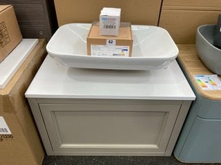 (COLLECTION ONLY) WALL HUNG 1 DRAWER COUNTER TOP SINK UNIT IN STONE GREY AND WHITE 670 X 400MM WITH A CERAMIC VESSEL BASIN COMPLETE WITH A WALL MOUNTED BASIN MIXER IN CHROME WITH SPRUNG WASTE RRP £78