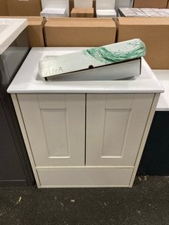 (COLLECTION ONLY) FLOOR STANDING 2 DOOR 1 DRAWER SINK UNIT IN IVORY WITH A 610 X 470MM 1TH CERAMIC BASIN COMPLETE WITH A CHROME MONO BASIN MIXER TAP AND POP UP WASTE RRP £745: LOCATION - A3