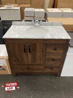 (COLLECTION ONLY) FLOOR STANDING 2 DOOR 4 DRAW SINK UNIT IN DARK OAK WITH 900 X 500MM GREY MARBLE PRE DRILLED COUNTERTOP WITH BACKSPLASH WITH CERAMIC UNDERMOUNT BASIN COMPLETE WITH A MONO BASIN MIXER