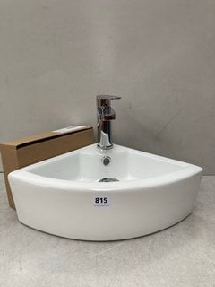 CERAMIC CORNER BASIN COMPLETE WITH A MONO BASIN MIXER TAP AND CHROME SPRUNG WASTE RRP £285: LOCATION - R4