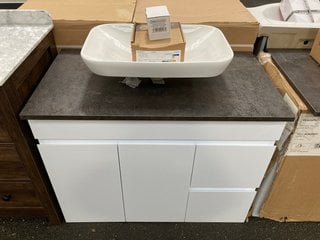 (COLLECTION ONLY) FLOOR STANDING 2 DOOR 2 DRAW COUNTER TOP SINK UNIT IN WHITE AND MOCHA 900 X 500MM WITH A CERAMIC VESSEL BASIN COMPLETE WITH A WALL MOUNTED BASIN MIXER IN CHROME AND SPRUNG WASTE RRP