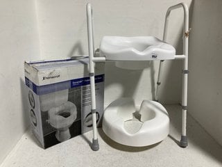 3 X HEALTHCARE ITEMS TO INCLUDE RAISED UNIVERSAL TOILET SEAT WITH SUPPORT STAND IN WHITE: LOCATION - WA2