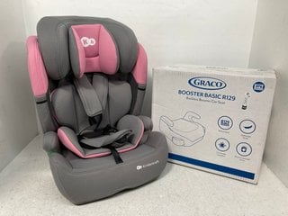 GRACO BOOSTER BASIC R129 BACKLESS BOOSTER CAR SEAT IN BLACK TO INCLUDE KINDERKRAFT COMFORT UP I-SIZE CAR SEAT IN GREY AND PINK: LOCATION - A13