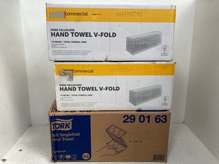 2 X BOXES OF PURE CELLULOSE HAND TOWELS V-FOLD TO INCLUDE BOX OF TORK SOFT SINGLEFOLD HAND TOWELS: LOCATION - A12