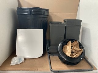 4 X HOUSEHOLD ITEMS TO INCLUDE WHITE TOILET SEAT AND 80L BLACK BIN: LOCATION - A7