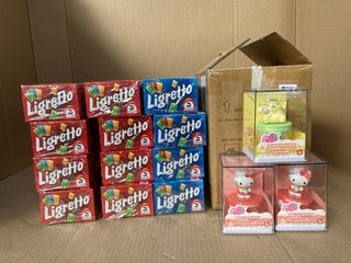 BOX OF HELLO KITTY AND FRIENDS CAPSULES TO INCLUDE POMPOMPURIN STRAWBERRY CAKE SURPRISE TO ALSO INCLUDE QTY OF LIGRETTO CARD GAMES: LOCATION - C17