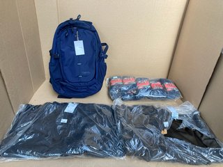 QTY OF ASSORTED MENS CLOTHINGS IN VARIOUS SIZES TO INCLUDE MOUNTAIN WAREHOUSE VIC LAPTOP BAG IN NAVY - 30L CAPACITY: LOCATION - C15