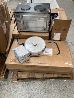 PALLET OF ASSORTED ITEMS TO INCLUDE ELECTRIQ 90CM CURVED GLASS COOKER HOOD WITH TOUCH CONTROL: LOCATION - A6 (KERBSIDE PALLET DELIVERY)