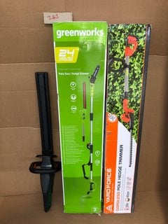 3 X ASSORTED GARDENING TOOLS TO INCLUDE YARD FORCE CORDLESS POLE HEDGE TRIMMER: LOCATION - AR6