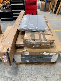 PALLET OF ASSORTED INCOMPLETE FURNITURE TO INCLUDE SINGLE SIZE HEADBOARD IN GREY: LOCATION - B4 (KERBSIDE PALLET DELIVERY)