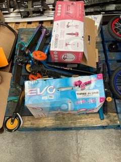 PALLET OF ASSORTED SCOOTERS TO INCLUDE EVO THREE IN ONE CRUISER: LOCATION - B5 (KERBSIDE PALLET DELIVERY)